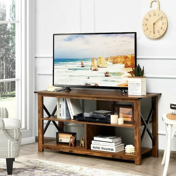 Well Known Modern Farmhouse Rustic Tv Stands With Gymax 47 In. W Rustic Brown Modern Farmhouse Tv Stand Entertainment Center  For Tv's Up To 55 In. With Open Shelves Gym08431 – The Home Depot (Photo 5 of 15)