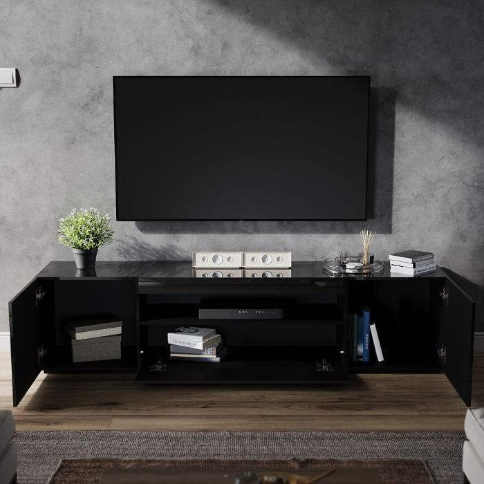 Well Liked Black Rgb Entertainment Centers With Elegant 200cm High Gloss Tv Stand Black Cabinet Unit Doors Storage With Rgb  Led Cupboard (Photo 9 of 15)