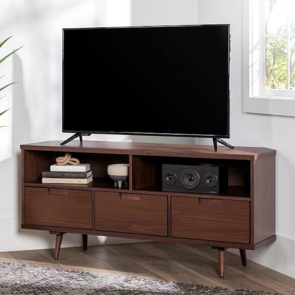 Welwick Designs 52 In. Walnut Solid Wood Mid Century Modern Corner Tv Stand  With 3 Drawers Fits Tvs Up To 58 In. Hd9118 – The Home Depot Inside Recent Mid Century Entertainment Centers (Photo 11 of 15)