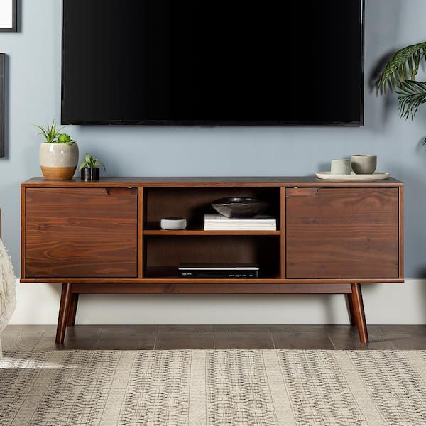 Welwick Designs 58 In. W Walnut Solid Wood Tv Stand With Cutout Cabinet  Handles (max Tv Size 65 In.) Hd8851 – The Home Depot For Most Up To Date Walnut Entertainment Centers (Photo 4 of 15)