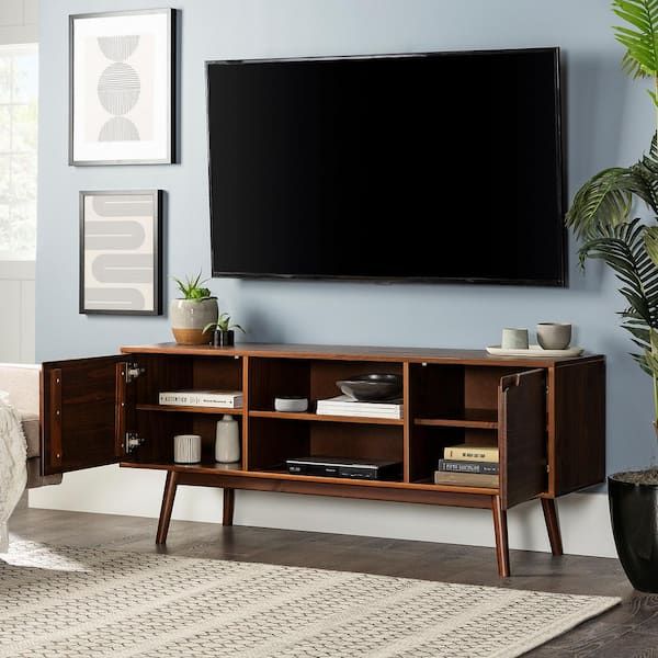 Welwick Designs 58 In. W Walnut Solid Wood Tv Stand With Cutout Cabinet  Handles (max Tv Size 65 In (View 5 of 15)