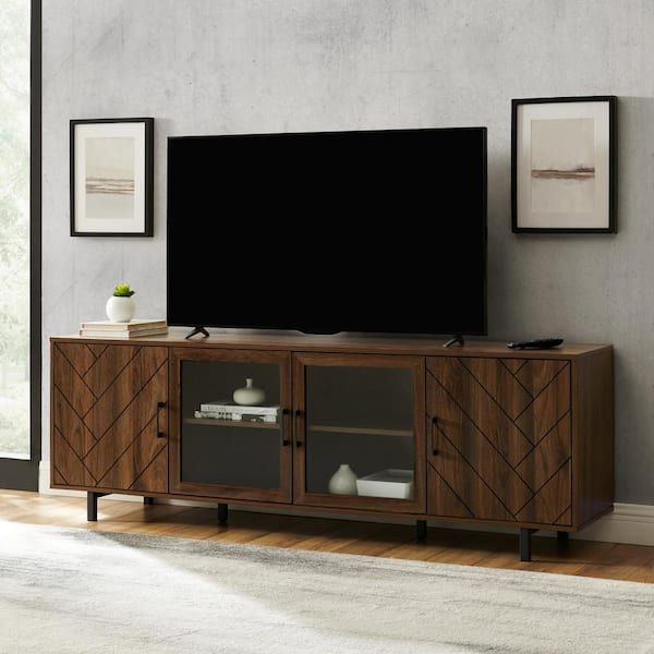 Welwick Designs 70 In. Dark Walnut Wood And Glass Modern Herringbone Tv  Stand With 4 Drawers (max Tv Size 80 In.) Hd8891 – The Home Depot Within Favorite Walnut Entertainment Centers (Photo 1 of 15)
