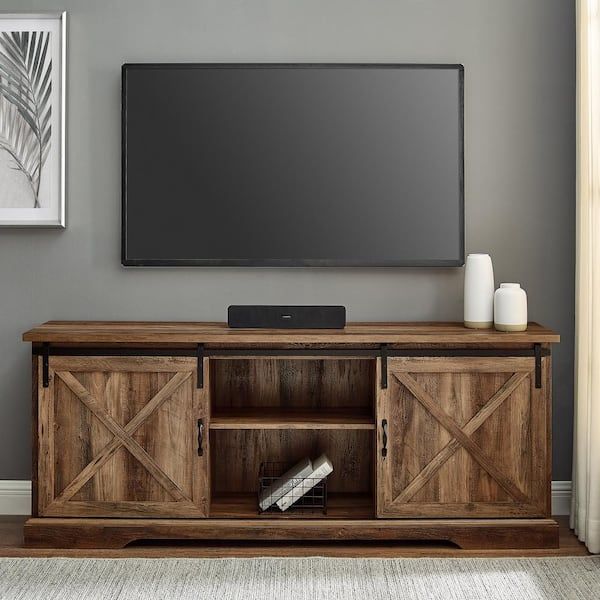Welwick Designs 70 In. Reclaimed Barnwood Wood And Metal Tv Stand Fits Tvs  Up To 80 In. With Sliding X Barn Doors (max Tv Size 80 In (View 5 of 15)