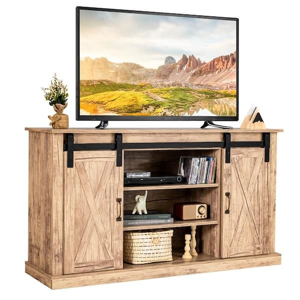 Widely Used Barn Door Media Tv Stands With Costway 55 In. Sliding Barn Door Tv Stand Entertainment Media Console Fits  Tv's Up To 65 In (View 2 of 15)