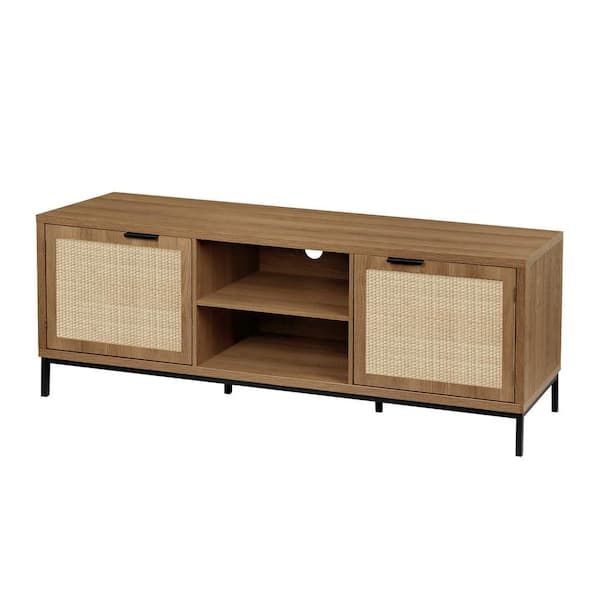 Widely Used Farmhouse Rattan Tv Stands Intended For Aupodin Farmhouse 58 In. Wood Tv Stand Fits Tv's Up To 65 In. Rustic Oak Tv  Console Media Table With 2 Rattan Doors H0033 – The Home Depot (Photo 4 of 15)