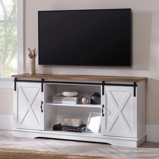 Woven Paths Farmhouse Sliding Barn Door Tv Stand For Tvs Up To 65",  White/reclaimed Barnwood Modern Tv Stand With Regard To Current Farmhouse Stands For Tvs (View 13 of 15)