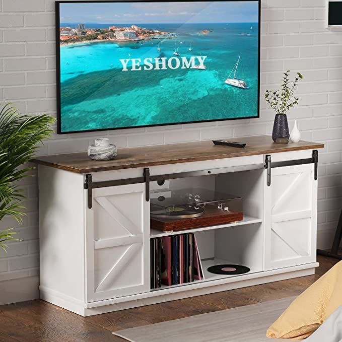 Yeshomy Farmhouse Tv Stand For Televisions Up To 65+ Inch With Sliding Barn  Doors And Storage Cabinets, Entertainment Center Console Table, Media  Furniture For … (View 14 of 15)