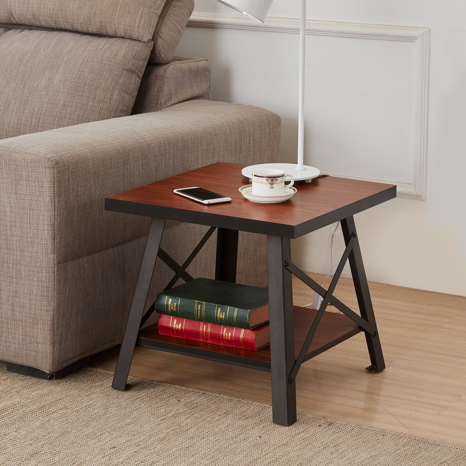 20" Open Storage Shelf Coffee Table End Table Square,industrial Style Regarding Coffee Tables With Open Storage Shelves (View 5 of 15)