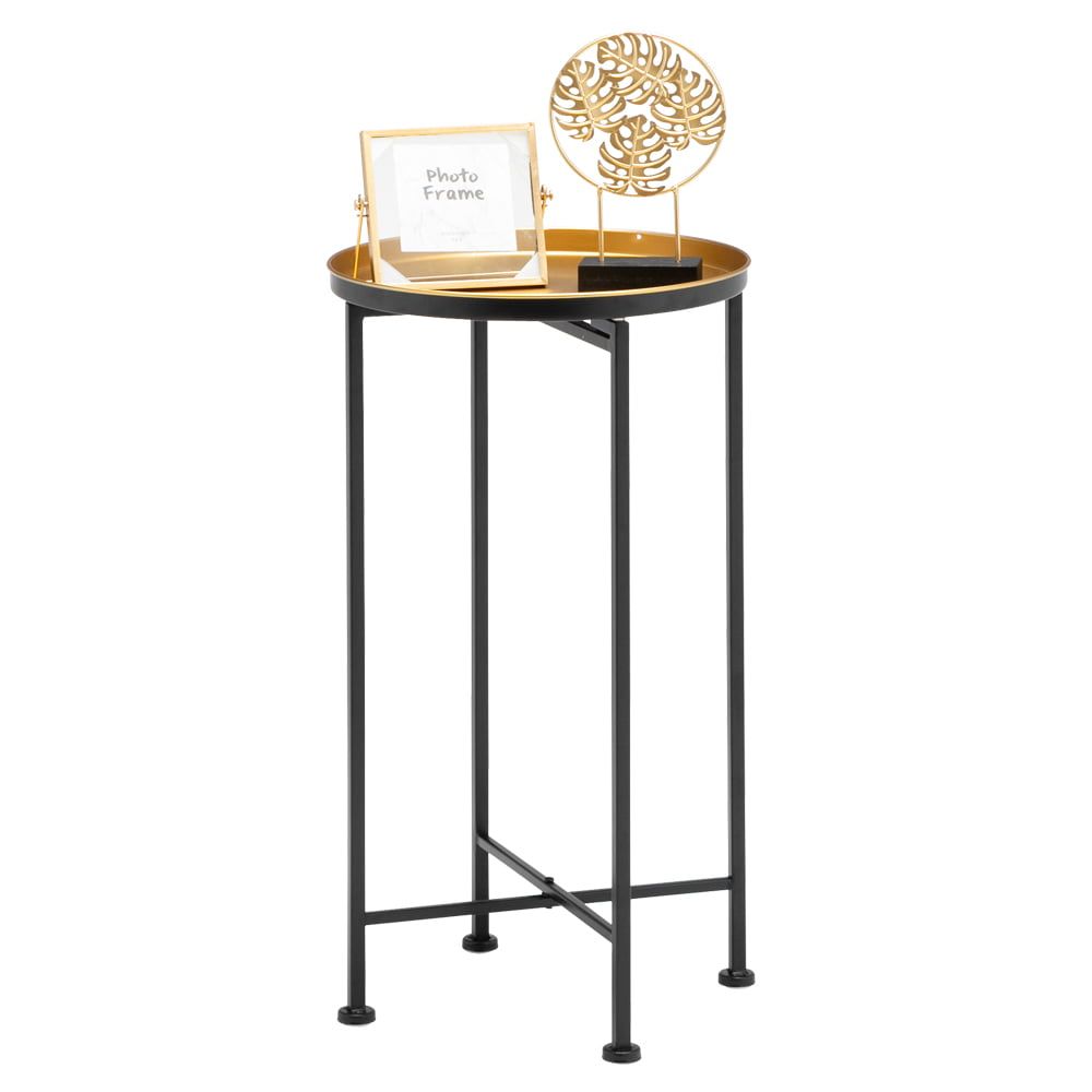 25.6" Black & Golden Folding End Table 1 Tier Metal Round Side Table Within Metal Side Tables For Living Spaces (Photo 7 of 15)