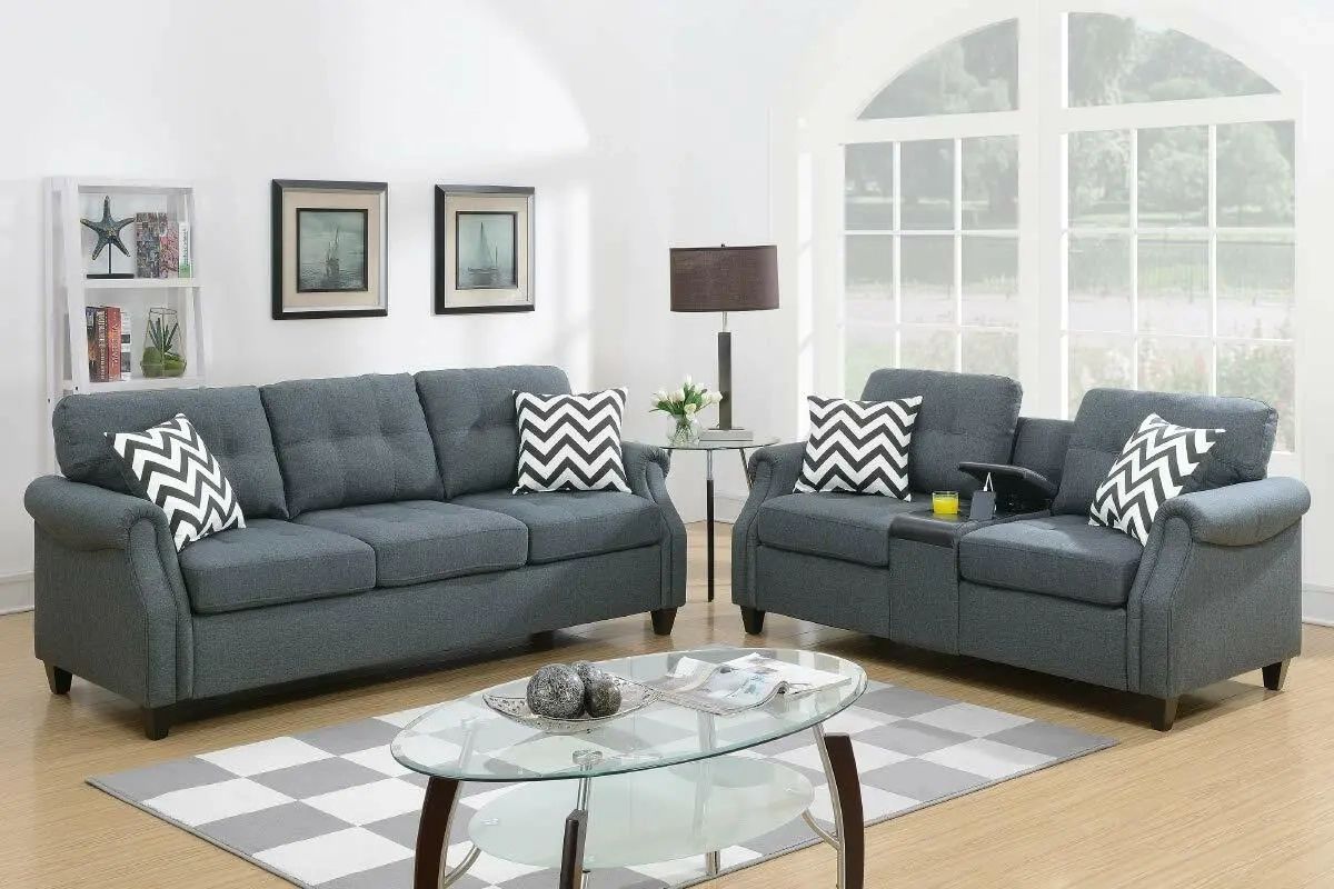 2pcs Modern Blue Grey Linen Like Fabric Sofa Loveseat Set With A Usb  Console | Ebay For Sofas In Bluish Grey (Photo 13 of 15)
