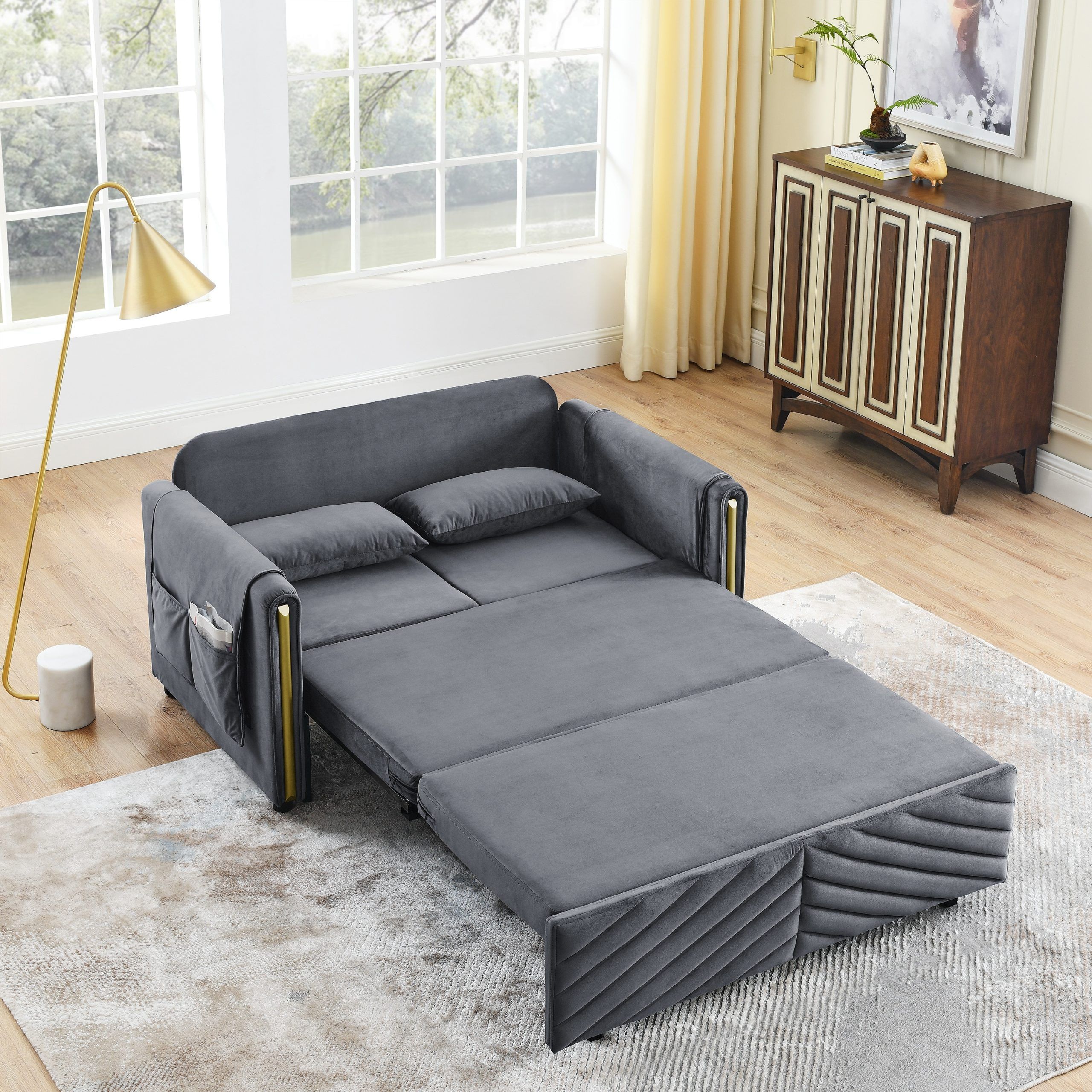 3 In 1 Convertible Sleeper Sofa Bed, 55" Multi Functional Pull Out Couch,  Velvet Loveseat Futon Bed W/2 Pillows & Storage Bags – Bed Bath & Beyond –  38908479 Pertaining To 3 In 1 Gray Pull Out Sleeper Sofas (View 6 of 15)