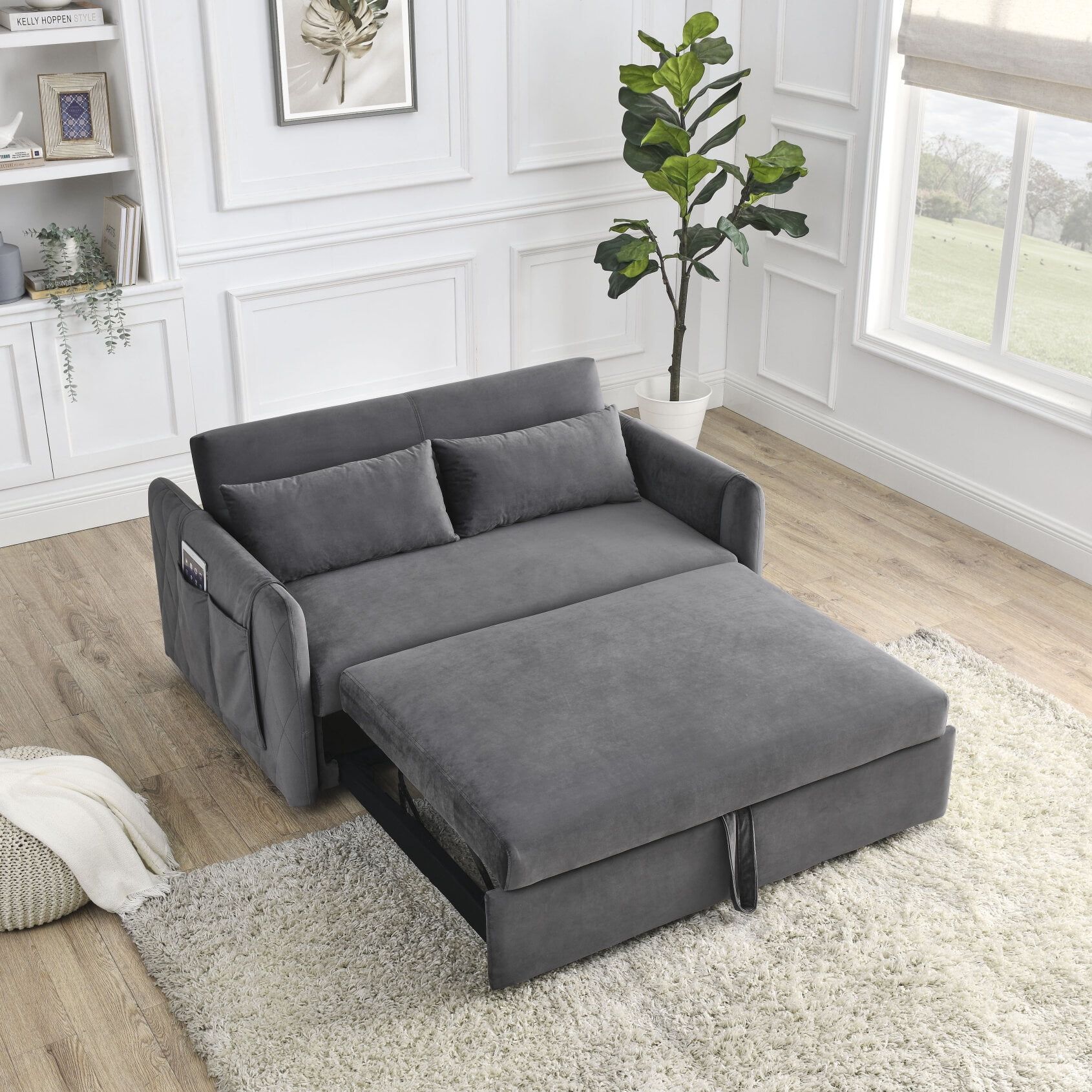 3 In 1 Convertible Sleeper Sofa Bed, Upholstered Pull Out Sofa With 2  Detachable Arm Pockets, Futon Sofa Bed With 2 Pillows And Adjustable  Backrest For Apartment Living Room – Walmart With 3 In 1 Gray Pull Out Sleeper Sofas (Photo 15 of 15)