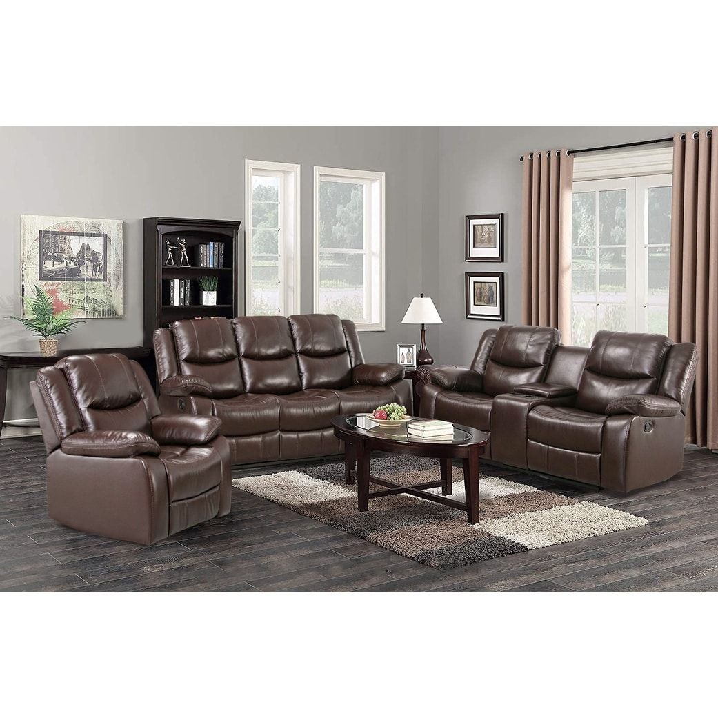 3 Pieces Sectional Sofa Set Manual Recliners With Cup Holders Pu Leather  Overstuffed Set Brown – Bed Bath & Beyond – 33851071 In 3 Piece Leather Sectional Sofa Sets (View 12 of 15)