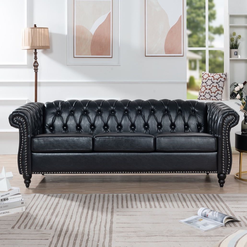 3 Seat Sofa Couch Pu Rolled Arm Sofa With Silver Studs Trim And Solid  Wooden Legs, Super Classic Living Room Sofa With Supple Leather, Chaise  Lounge Sofa Tv Sofa Upholstered Arm Sofa, With Regard To Traditional 3 Seater Faux Leather Sofas (View 5 of 15)