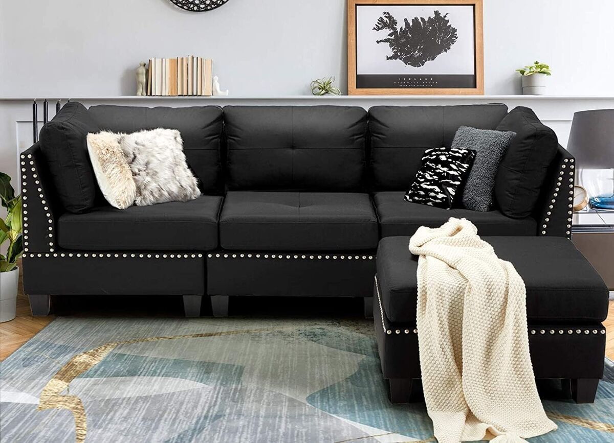 3 Seat Sofa Modern L Shaped Corner Sofa Bed W/ Footstool Fabric Grey Black  | Ebay Regarding 3 Seat L Shaped Sofas In Black (Photo 7 of 15)