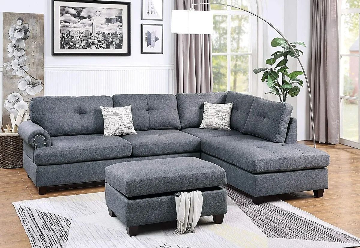 3pcs Blue Grey Fabric Reversible Sectional Sofa With Storage Ottoman Two  Pillows | Ebay In Sofas In Bluish Grey (View 5 of 15)