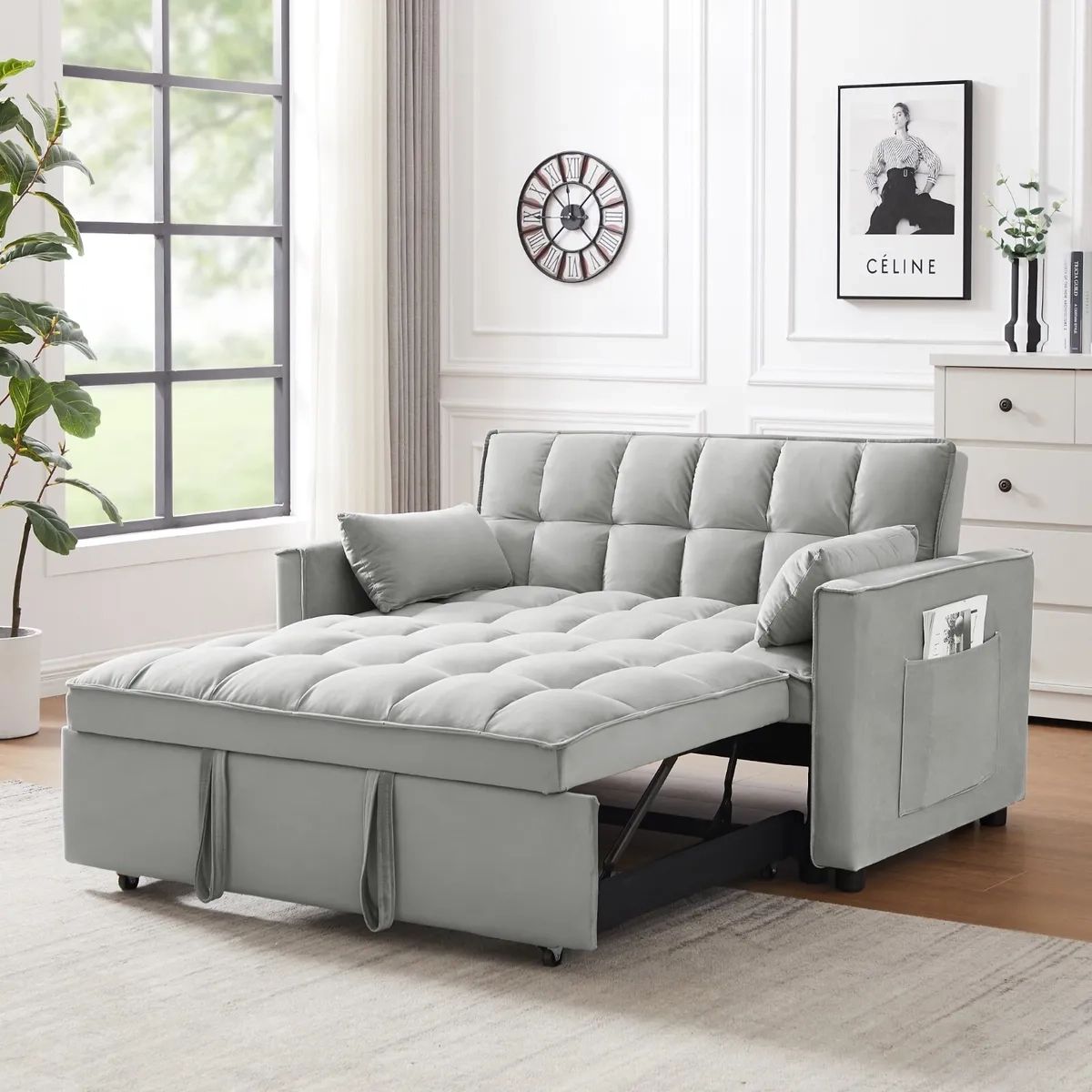 55" Convertible Sofa Bed Velvet Sleeper Loveseat Sofa Pull Out Bed W Pocket  Gray | Ebay Inside Convertible Gray Loveseat Sleepers (View 10 of 15)