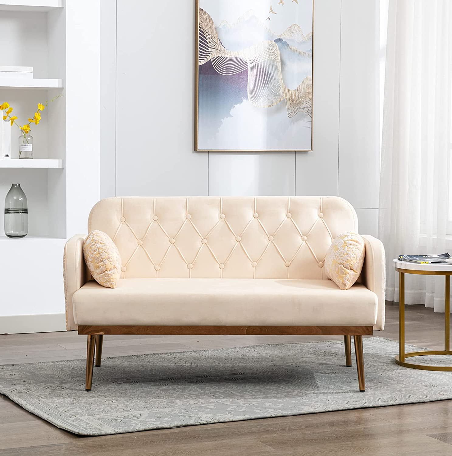 55 Inch Small Velvet Sofa With Two Elegant Moon Shape Pillows, Modern Twin  Size Accent Sofa Couch With Golden Metal Legs & Tufted Backrest & Delicate  Armrests, Loveseat Sofa For Living Room, Beige – In Elegant Beige Velvet Sofas (Photo 10 of 15)