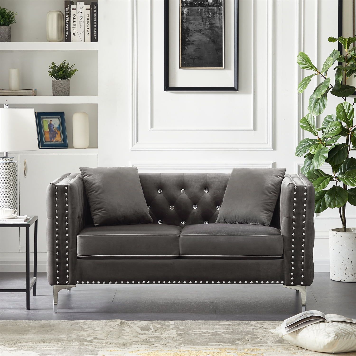 59.4" Loveseat Sofa, Modern Velvet Tufted Upholstered Accent Loveseat Sofa  With 2 Pillows And Jeweled Buttons 2 Seater Sofa With Curved Backrest &  Square Arm And Metal Legs For Living Room, Grey – Intended For Tufted Upholstered Sofas (Photo 7 of 15)