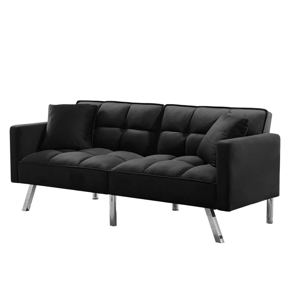 74 In. W Square Arms Velvet Futon Twin Size Sofa Bed 3 Seater Straight Sofa  With 2 Pillow In Black Ec Sfbk 8224 – The Home Depot Regarding 2 Seater Black Velvet Sofa Beds (Photo 9 of 15)