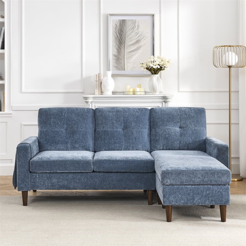 80" Convertible Sectional Sofa With Reversible Chaise, Modern L Shaped  Accent Sofa With Wood Legs & Removable Cushions & Pocket, Comfy Chenille  Upholstered 3 Seater Sofa For Living Room, Navy Blue – Walmart With 3 Seat Convertible Sectional Sofas (View 11 of 15)