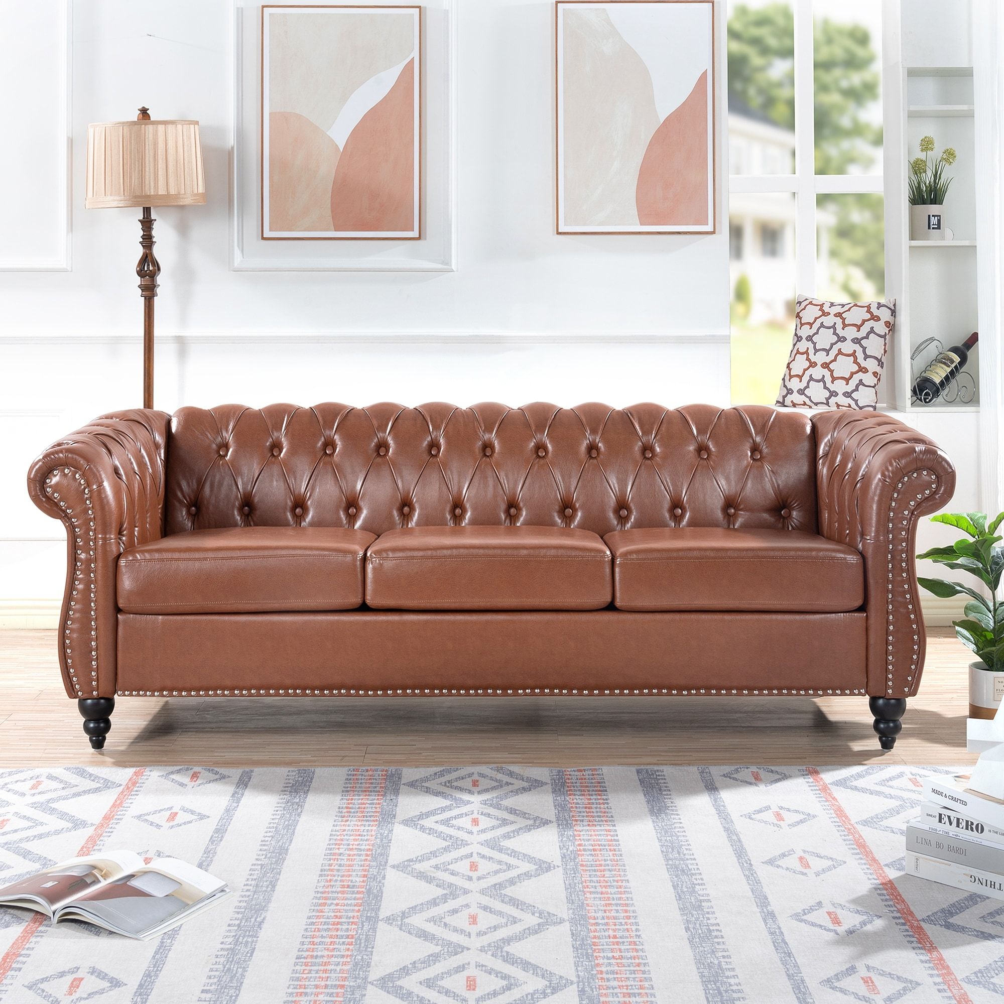 84.65" Traditional Chesterfield 3 Seater Sofa In Pu Leather, Nailheads  Decor – Bed Bath & Beyond – 37988395 Within Traditional 3 Seater Faux Leather Sofas (Photo 11 of 15)