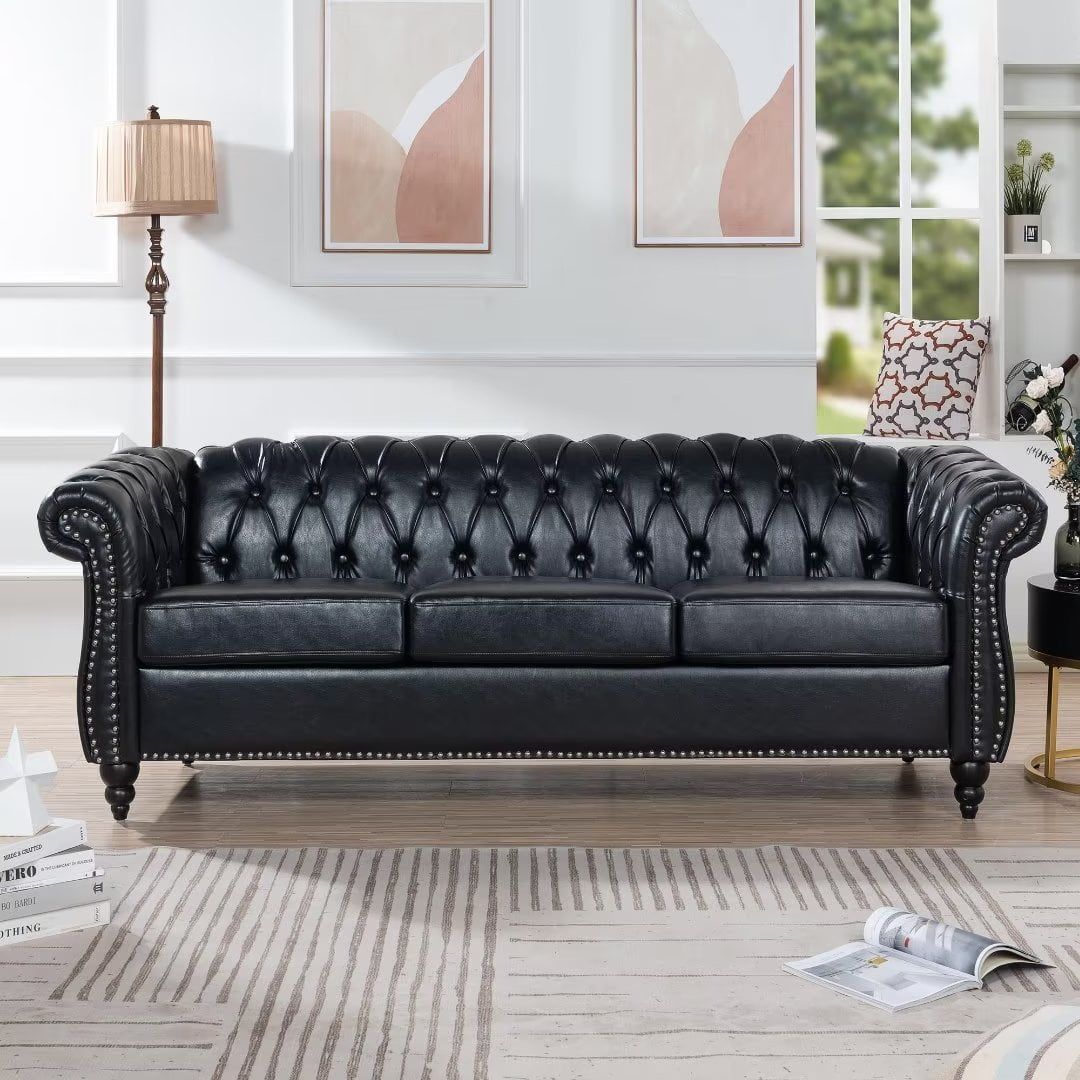 84"rolled Arm Chesterfield Sofa Couch, Modern 3 Seater Sofa Couch, Luxious  Leather Couch With Thicken Seat Cushions And Button Tufted Back,  Chesterfield Couch With Nailhead Trim, Black+pu – Walmart Inside Sofas In Black (View 7 of 15)