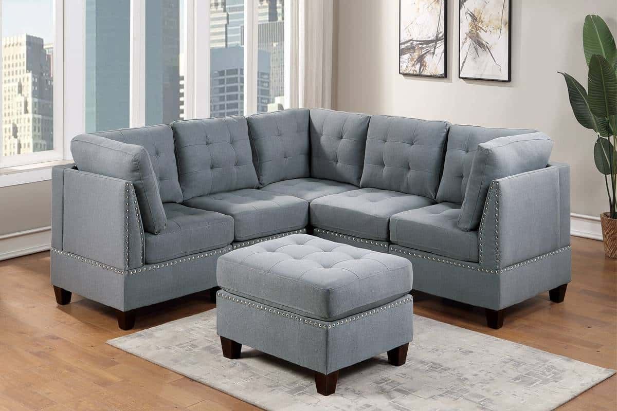 901 Light Grey Linen Fabric 6 Pcs Sectional Sofapoundex Throughout Light Charcoal Linen Sofas (Photo 11 of 15)