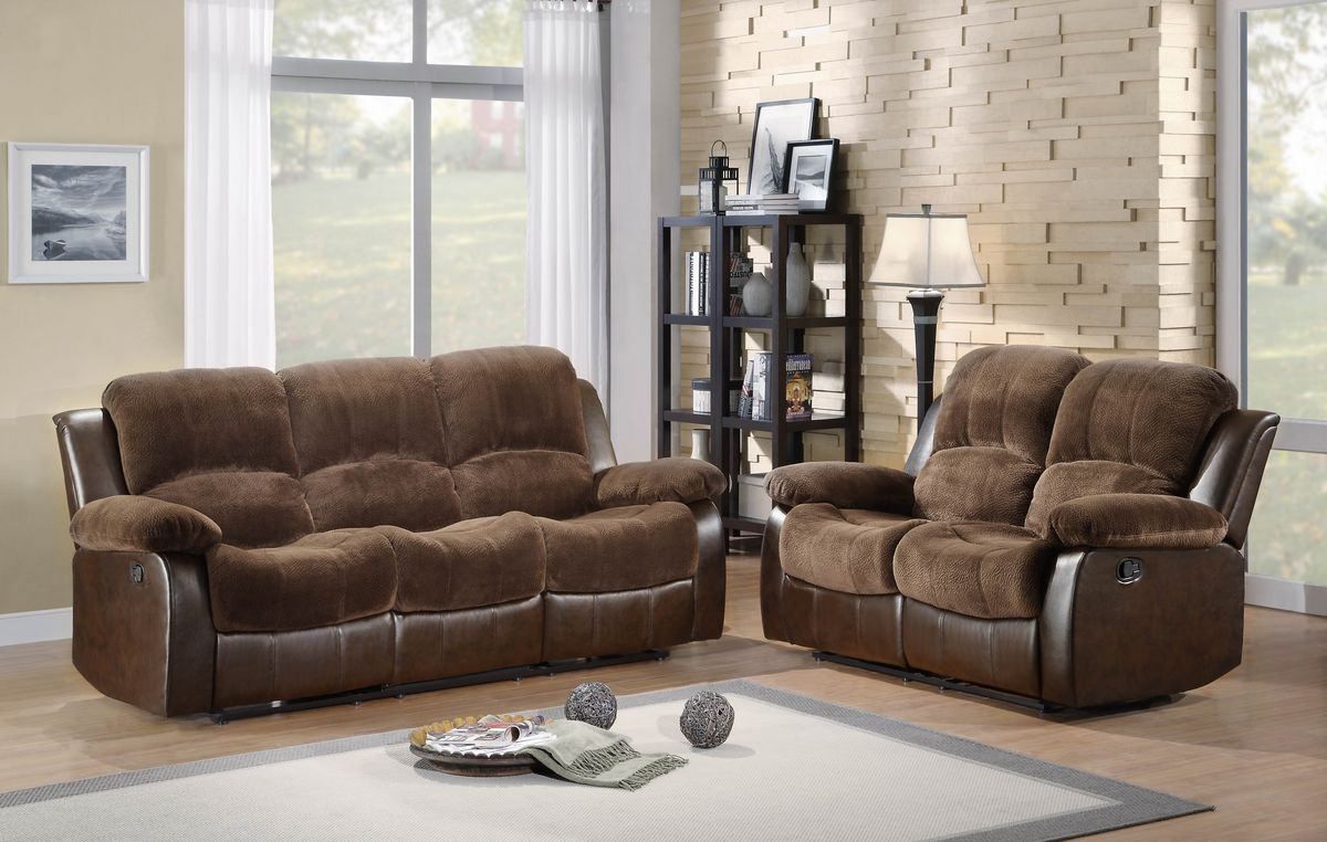 9700fcp 2 Pc Cranley Collection 2 Tone Chocolate Textured Microfiber And  Brown Faux Leather Upholstered Double Reclining Sofa And Love Seat Set In 2 Tone Chocolate Microfiber Sofas (View 4 of 15)