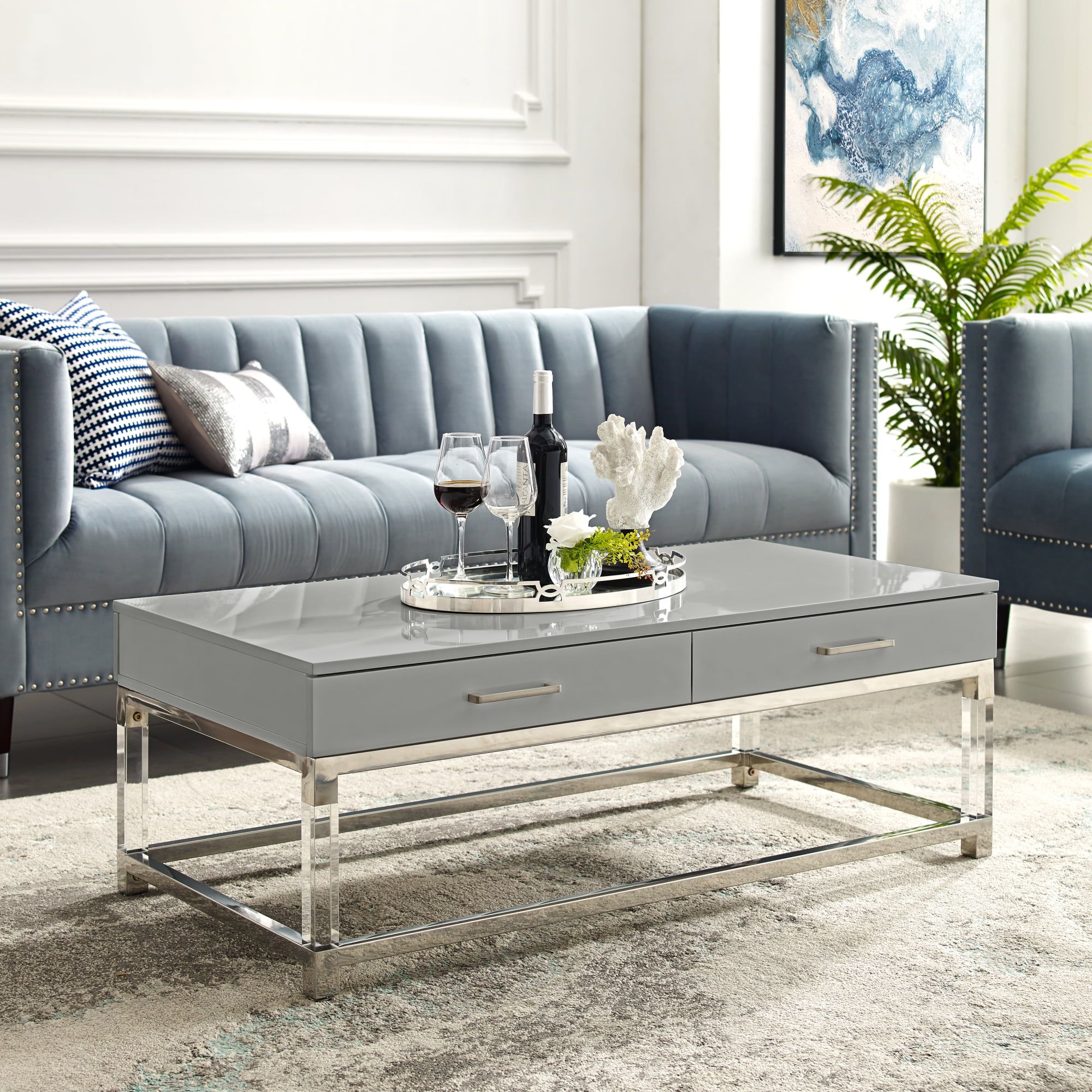 Alena Grey Coffee Table – 2 Drawers | High Gloss | Acrylic Legs Intended For Glossy Finished Metal Coffee Tables (Photo 8 of 15)