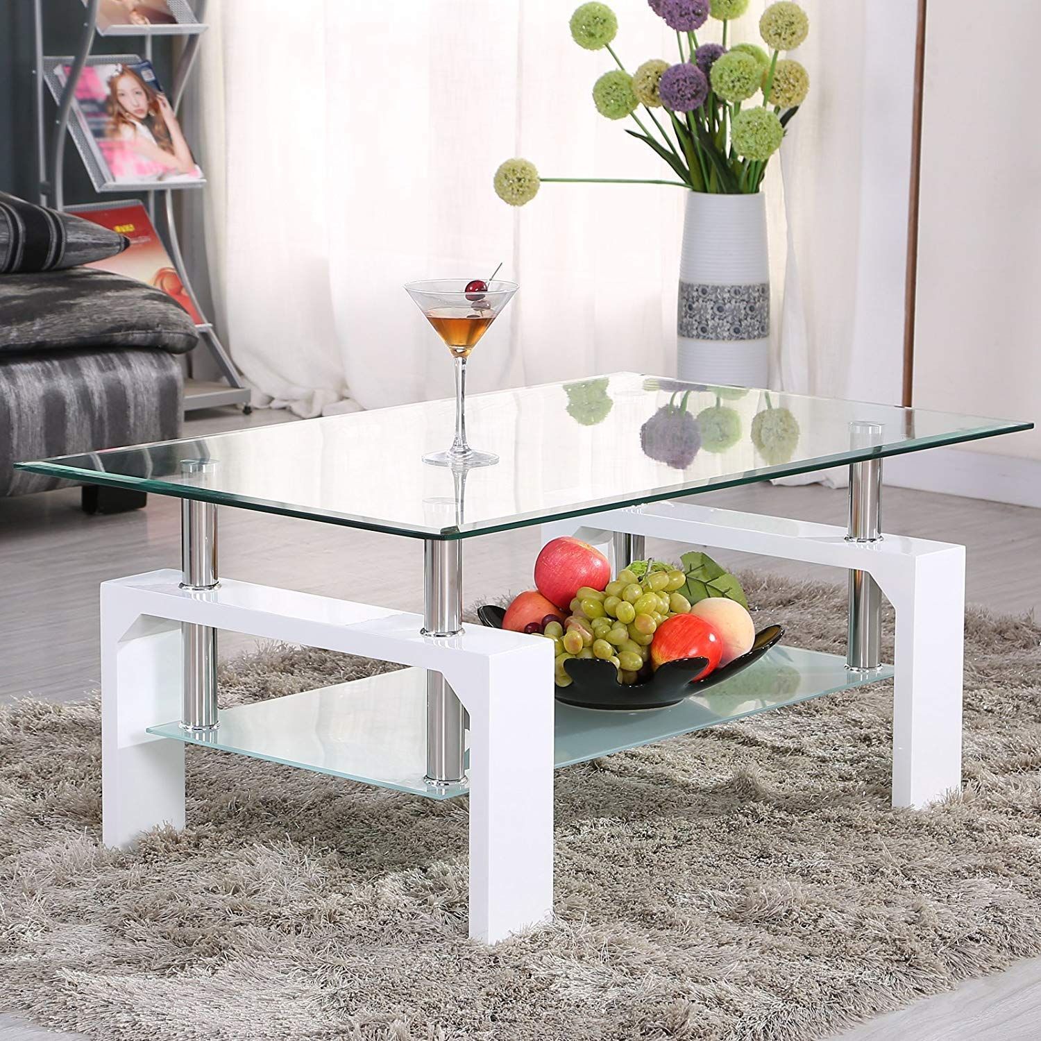 Amazon: Mecor Rectangle Glass Coffee Table White Modern Side Coffee For Glass Coffee Tables With Lower Shelves (Photo 9 of 15)