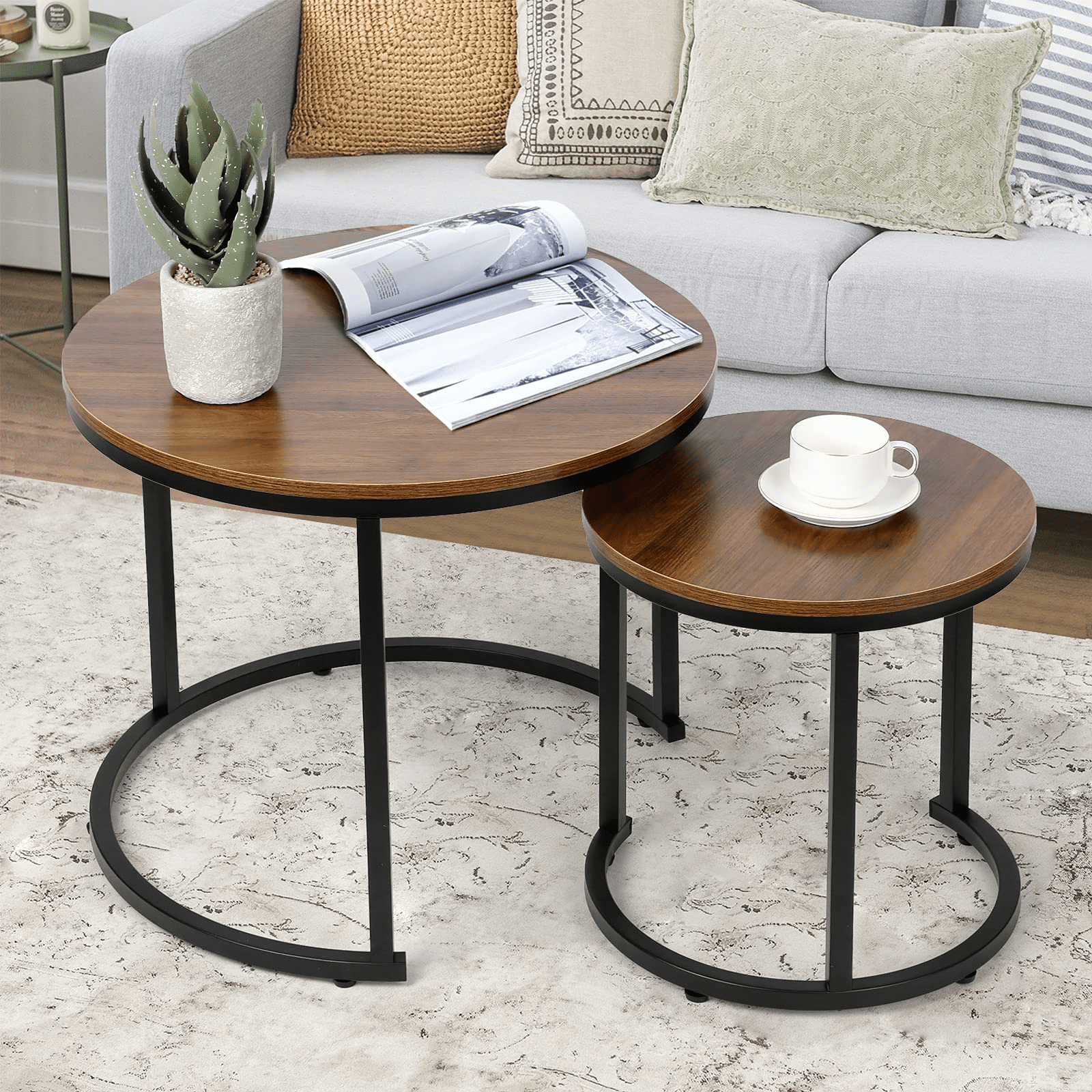 Amzdeal Modern Nesting Coffee Table Set Of 2 Walnut – Walmart Intended For Nesting Coffee Tables (View 7 of 15)