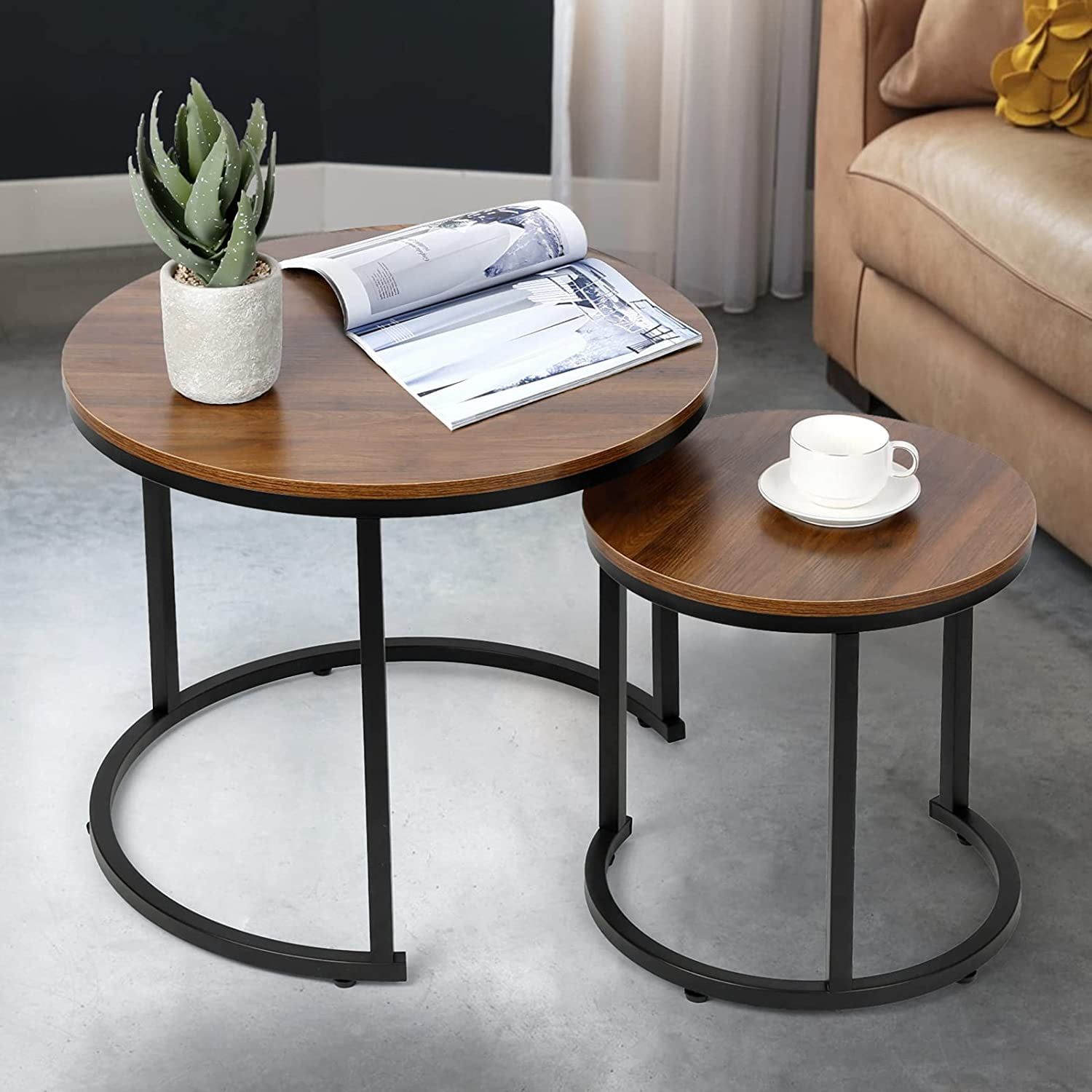 Amzdeal Modern Nesting Coffee Tables, Walnut Round Top, Set Of 2, Brown Within Nesting Coffee Tables (View 8 of 15)
