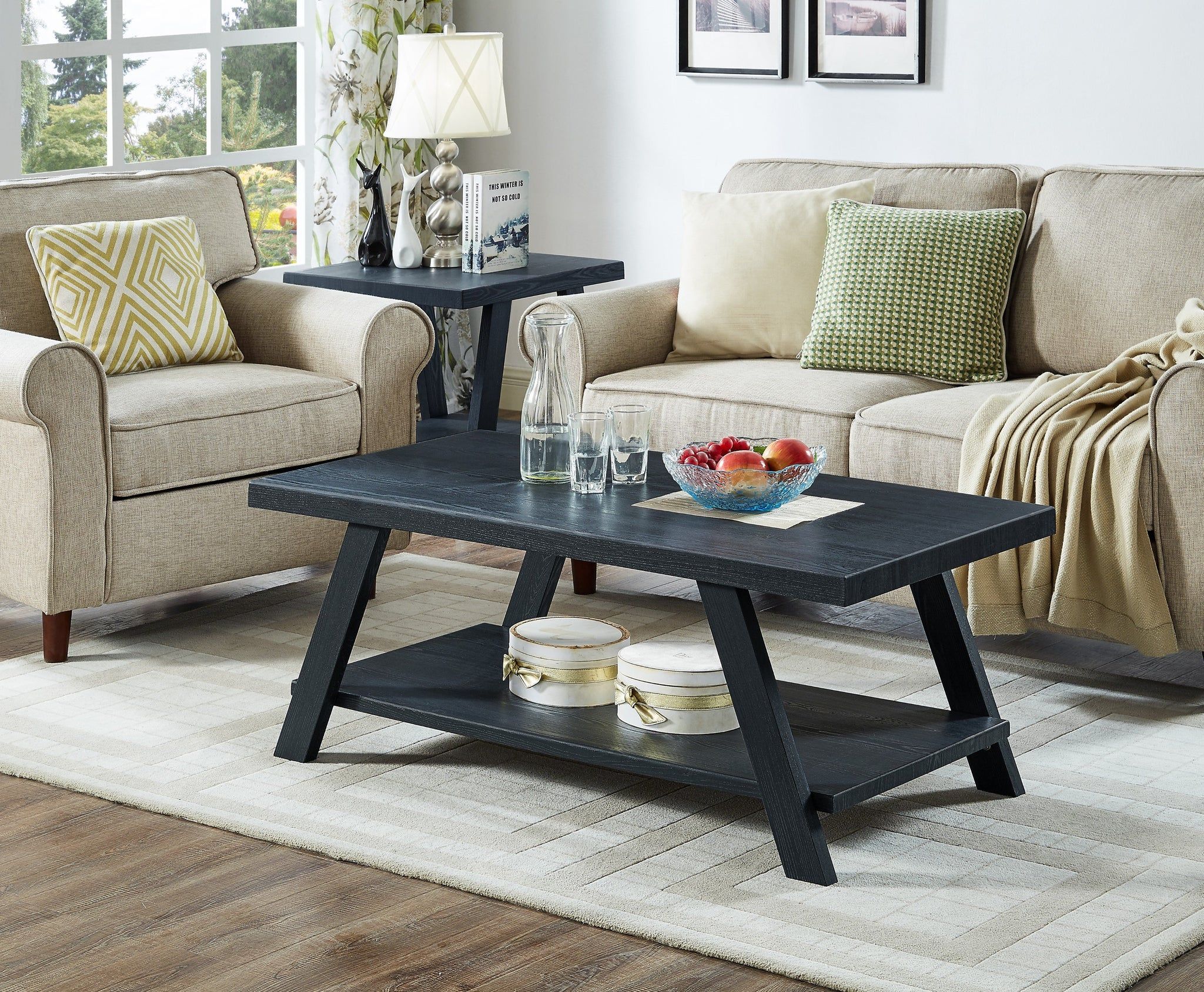 Athens Contemporary Replicated Wood Shelf Coffee Set Table In Black Fi For Pemberly Row Replicated Wood Coffee Tables (Photo 10 of 15)
