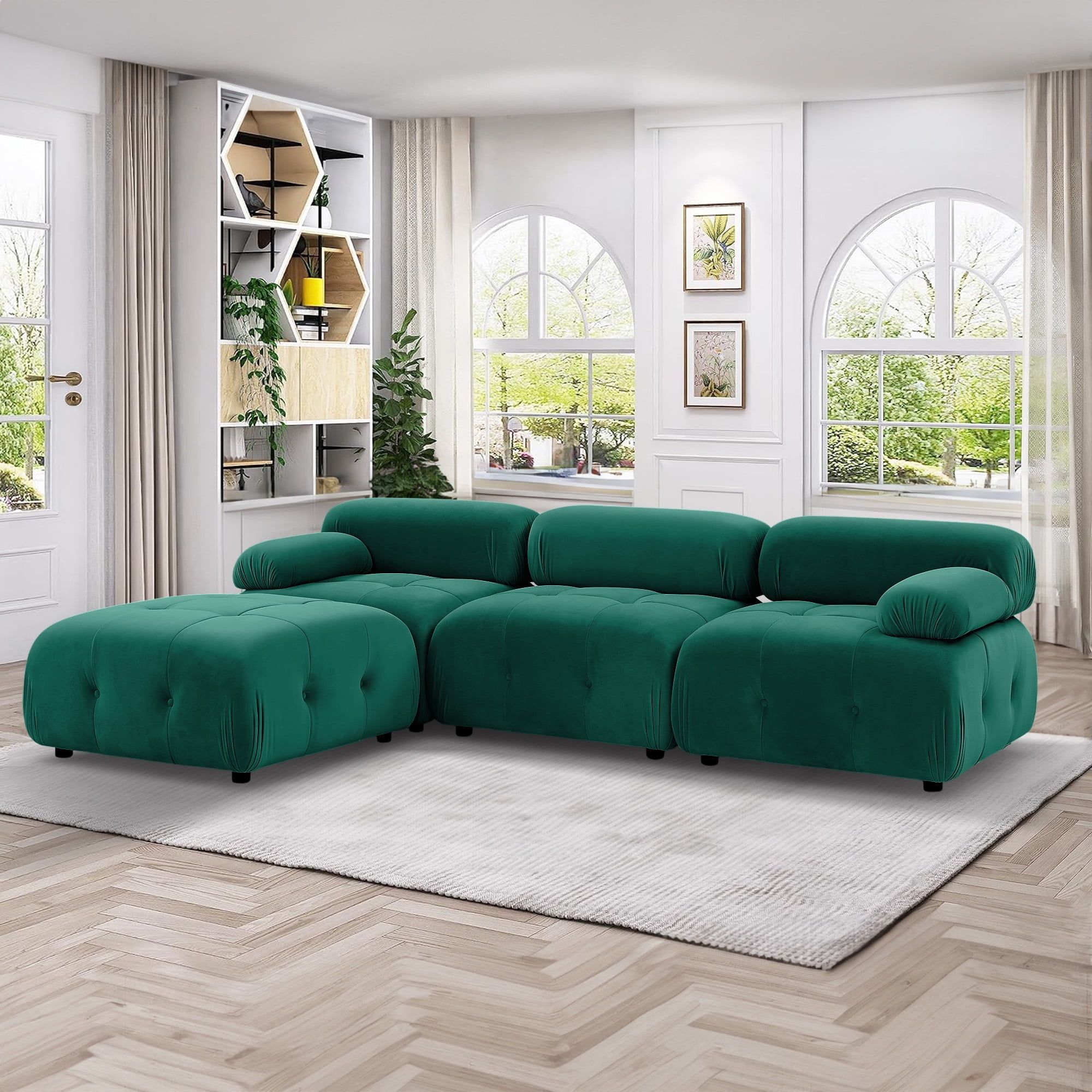 Aukfa 93" Sectional Sofa, Living Room Modular Couch With Ottoman, Pillow  Top Arms, Velvet, Green – Walmart For Green Velvet Modular Sectionals (Photo 6 of 15)