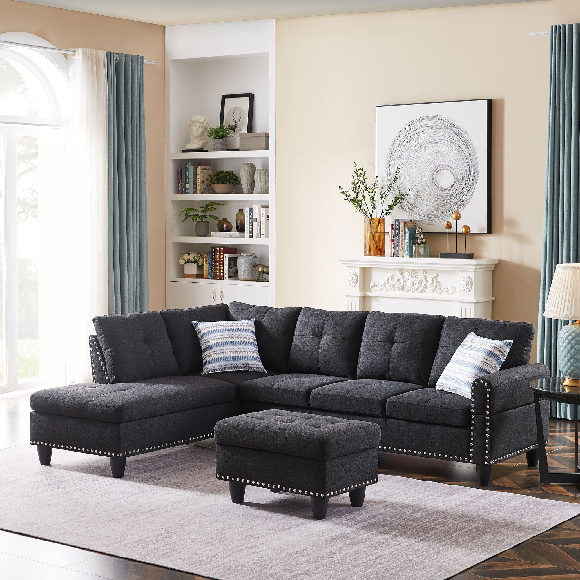 Aukfa L Shaped Sectional Couch Set With Ottoman, Sofas For Living Room –  Walmart With Sofas With Ottomans (View 11 of 15)