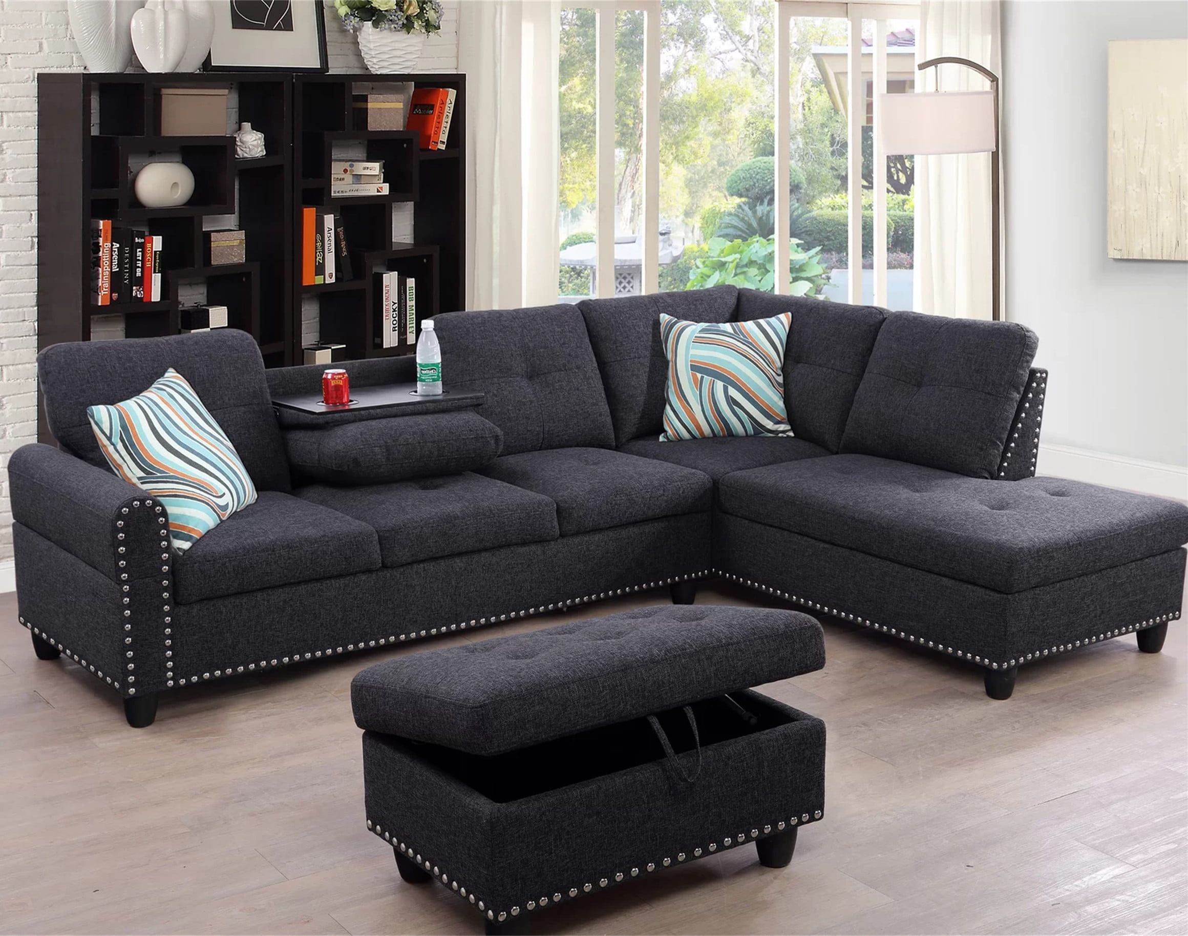 Aukfa Modern Linen Sectional Sofa  Right Facing Chaise  Ottoman  Metal  Nails Decor  Living Room Furniture Set  Black – Walmart Regarding Right Facing Black Sofas (Photo 2 of 15)