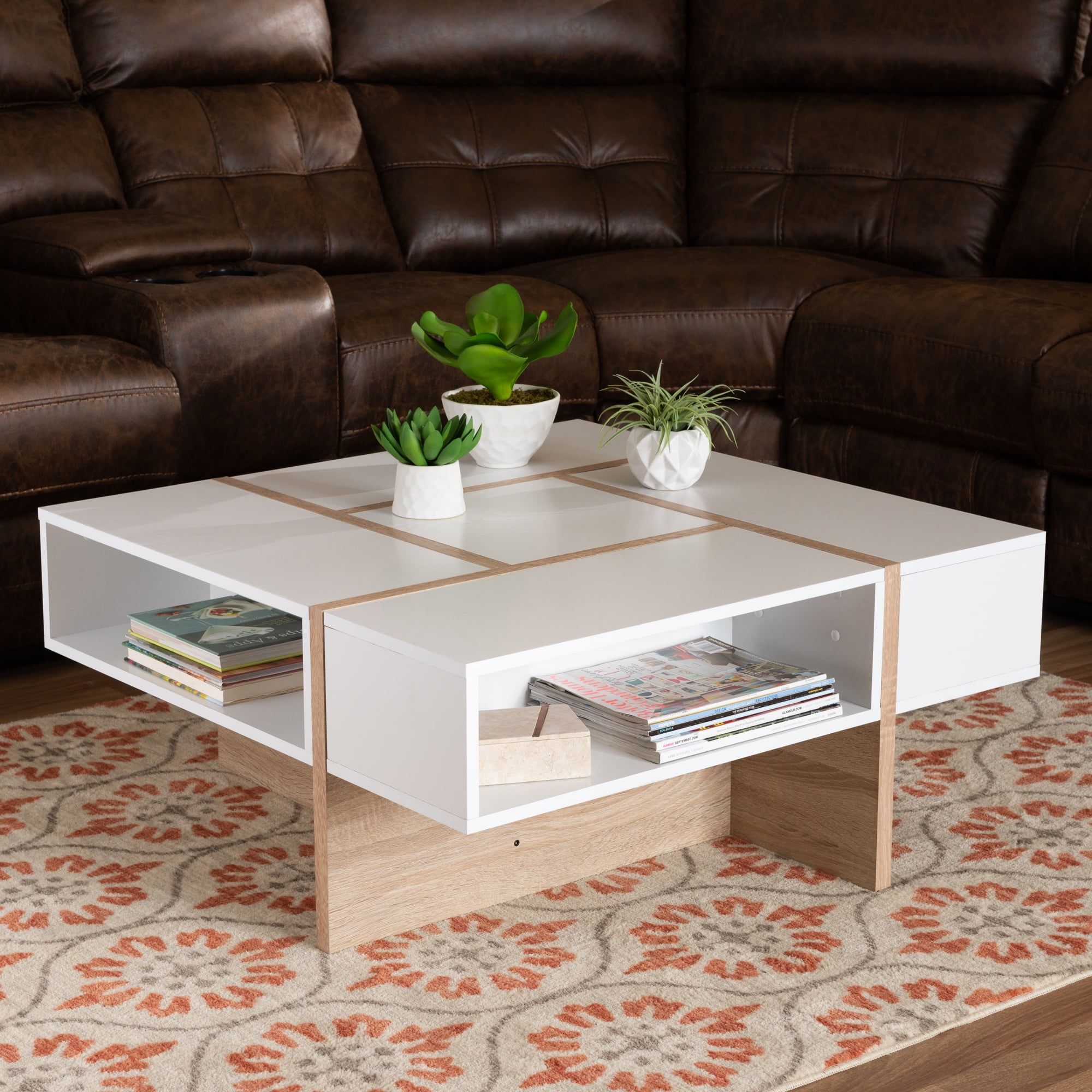 Baxton Studio Rasa Modern And Contemporary Two Tone White And Oak With Regard To Modern Wooden X Design Coffee Tables (Photo 6 of 15)