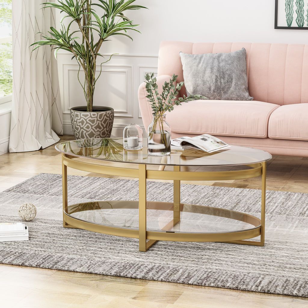 Bell Tempered Glass Coffee Table Round Modern Brass Finish – Gdf Studio In Tempered Glass Coffee Tables (View 11 of 15)