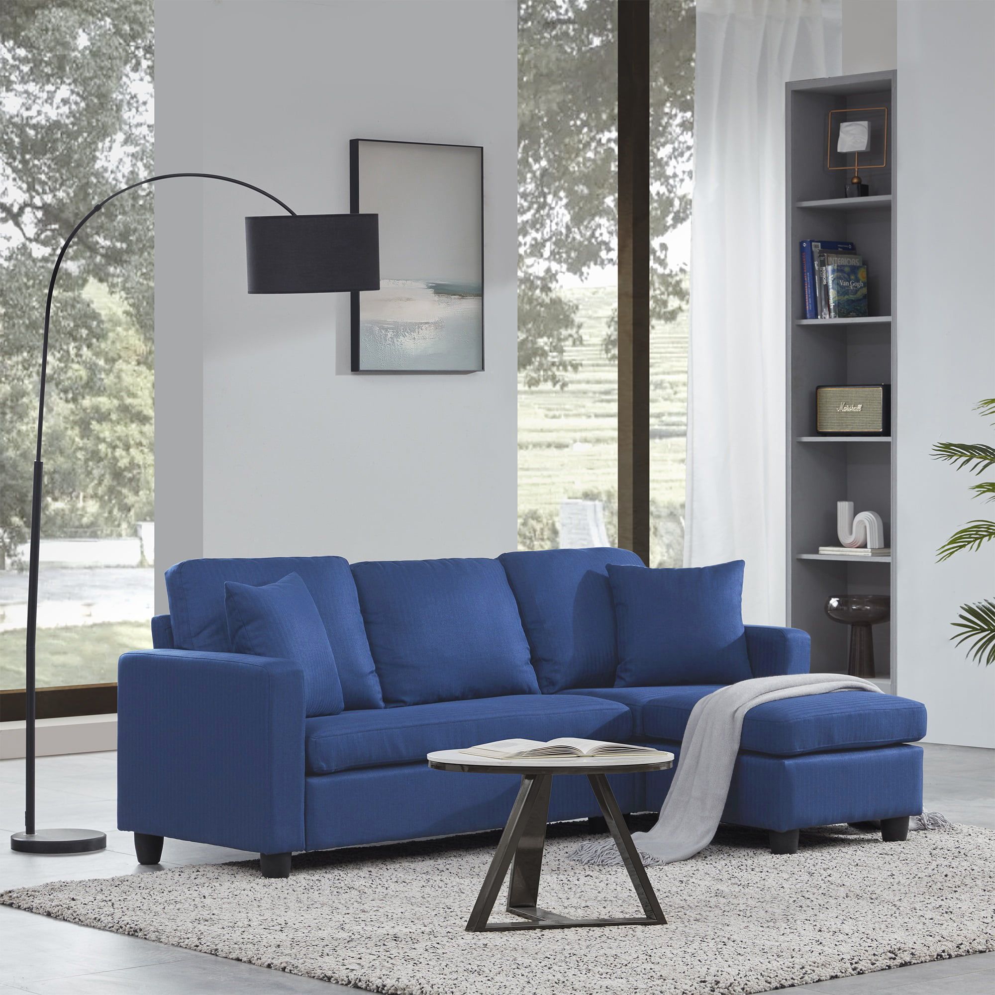 Belleze Altera Convertible Sectional Sofa, Modern Linen Fabric L Shaped  Couch 3 Seat With Reversible Chaise For Small Space, Navy Blue – Walmart With Modern Blue Linen Sofas (View 15 of 15)