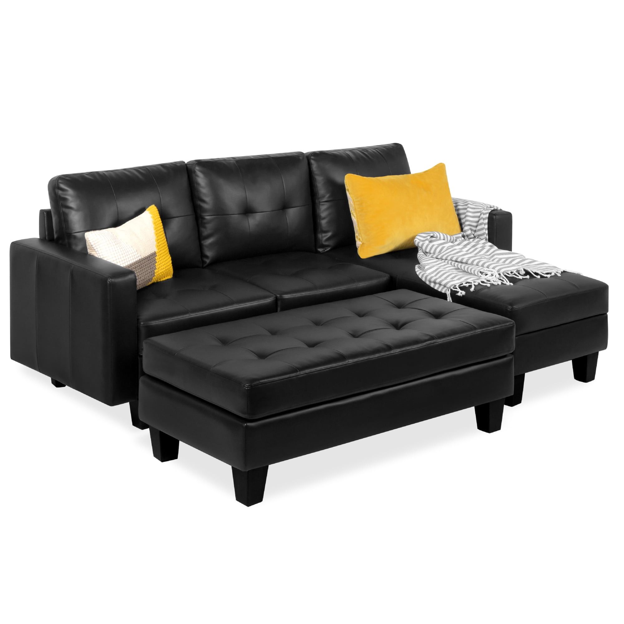 Best Choice Products 3 Seat L Shape Tufted Faux Leather Sectional Sofa Couch  Set W/ Chaise Lounge, Ottoman Bench – Black – Walmart With 3 Seat L Shaped Sofas In Black (View 2 of 15)