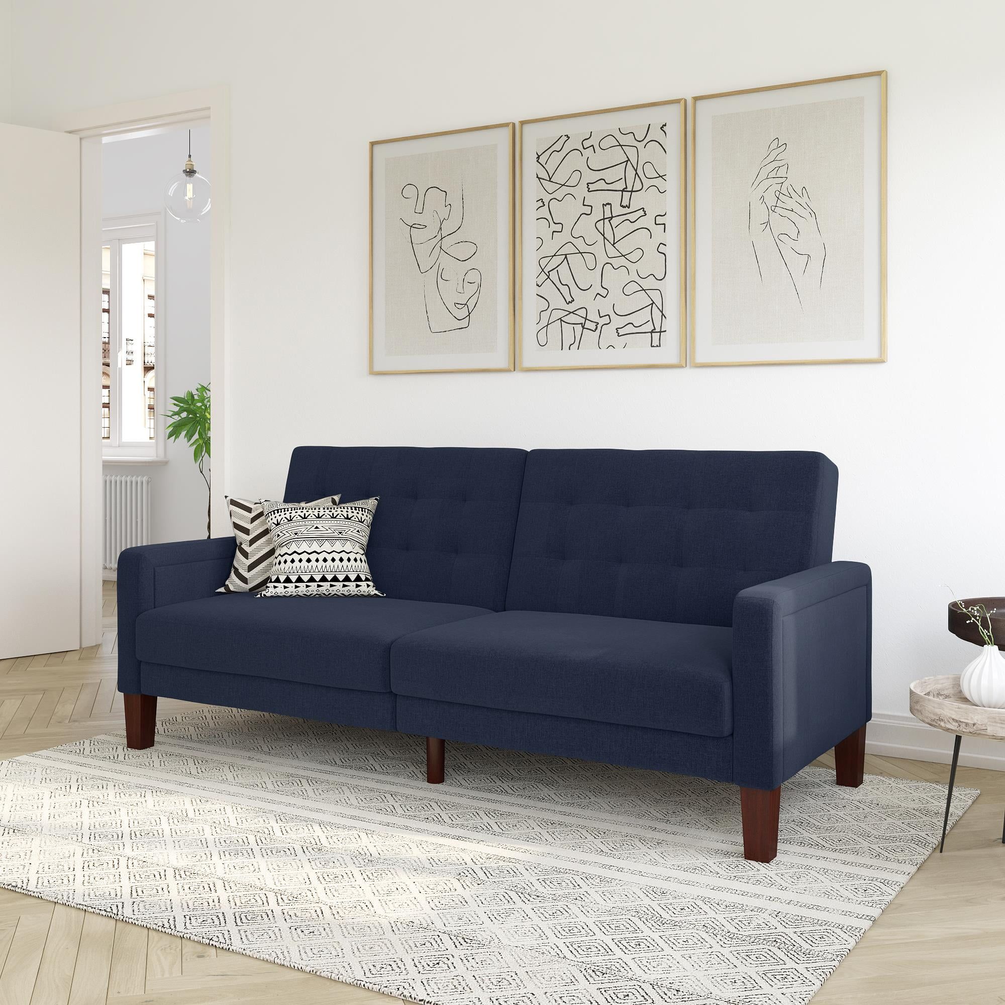 Better Homes & Gardens Porter Fabric Tufted Futon, Navy Linen – Walmart With Navy Linen Coil Sofas (View 10 of 15)