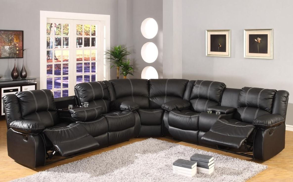 Black Faux Leather Reclining Motion Sectional Sofa W/ Storage Console  Sf3591 | Casye Furniture Pertaining To Sofas In Black (Photo 14 of 15)
