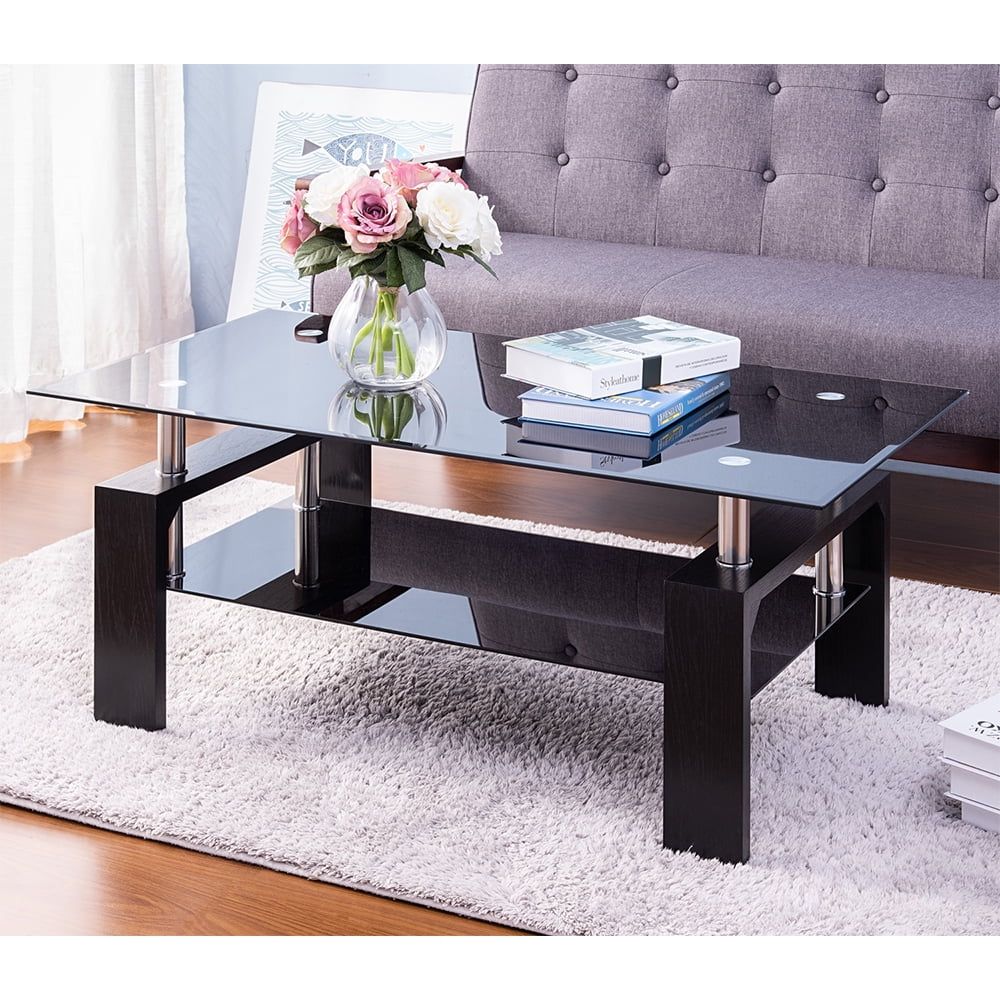 Black Glass Top Cocktail Coffee Table, Rectangle Glass Coffee Table For Within Glass Coffee Tables With Lower Shelves (View 10 of 15)