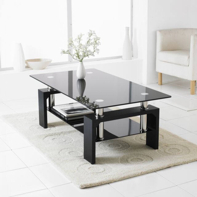 Black Modern Rectangle Glass & Chrome Living Room Coffee Table With For Glass Coffee Tables With Lower Shelves (View 12 of 15)