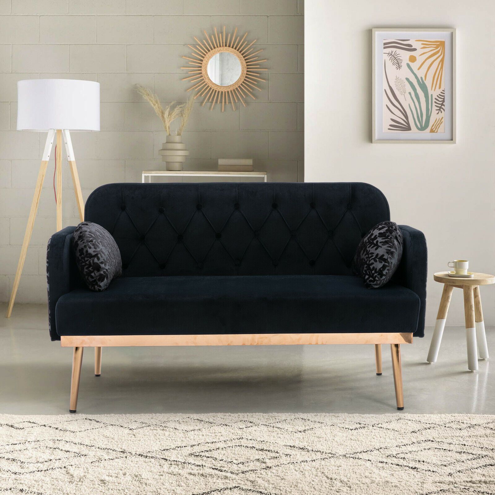 Black Velvet Sofa Accent Sofa Loveseat Sofa With Metal Feet And 2 Pillows |  Ebay With Regard To 2 Seater Black Velvet Sofa Beds (View 12 of 15)