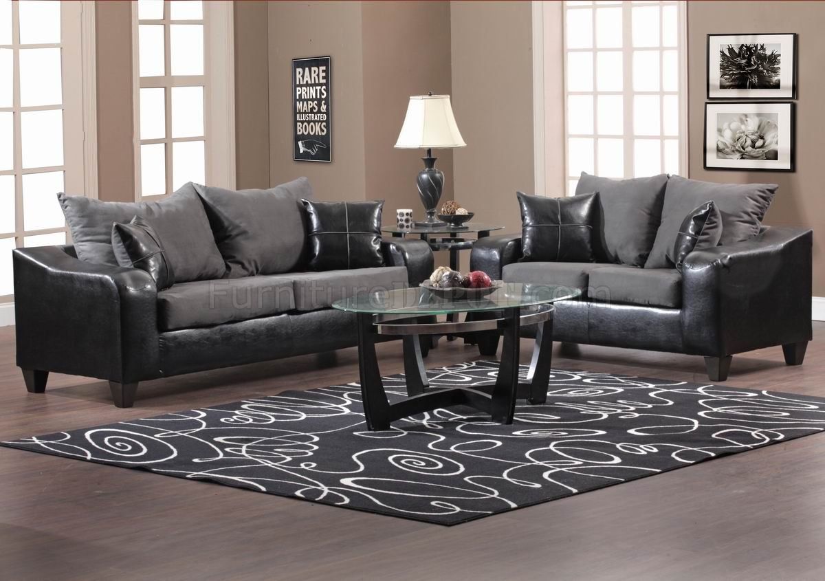 Black Vinyl And Grey Fabric Modern Sofa & Loveseat Set W/options Intended For Dark Grey Loveseat Sofas (View 2 of 15)