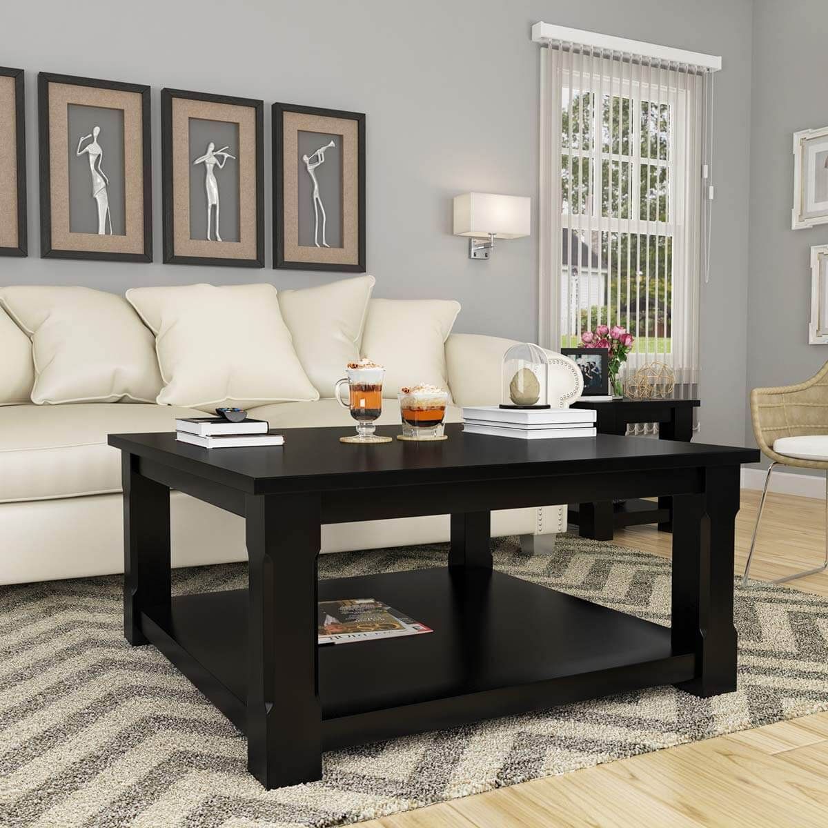 Black Wood Square Coffee Table – Brimson Contemporary Style Solid Wood Throughout Wood Coffee Tables With 2 Tier Storage (Photo 8 of 15)