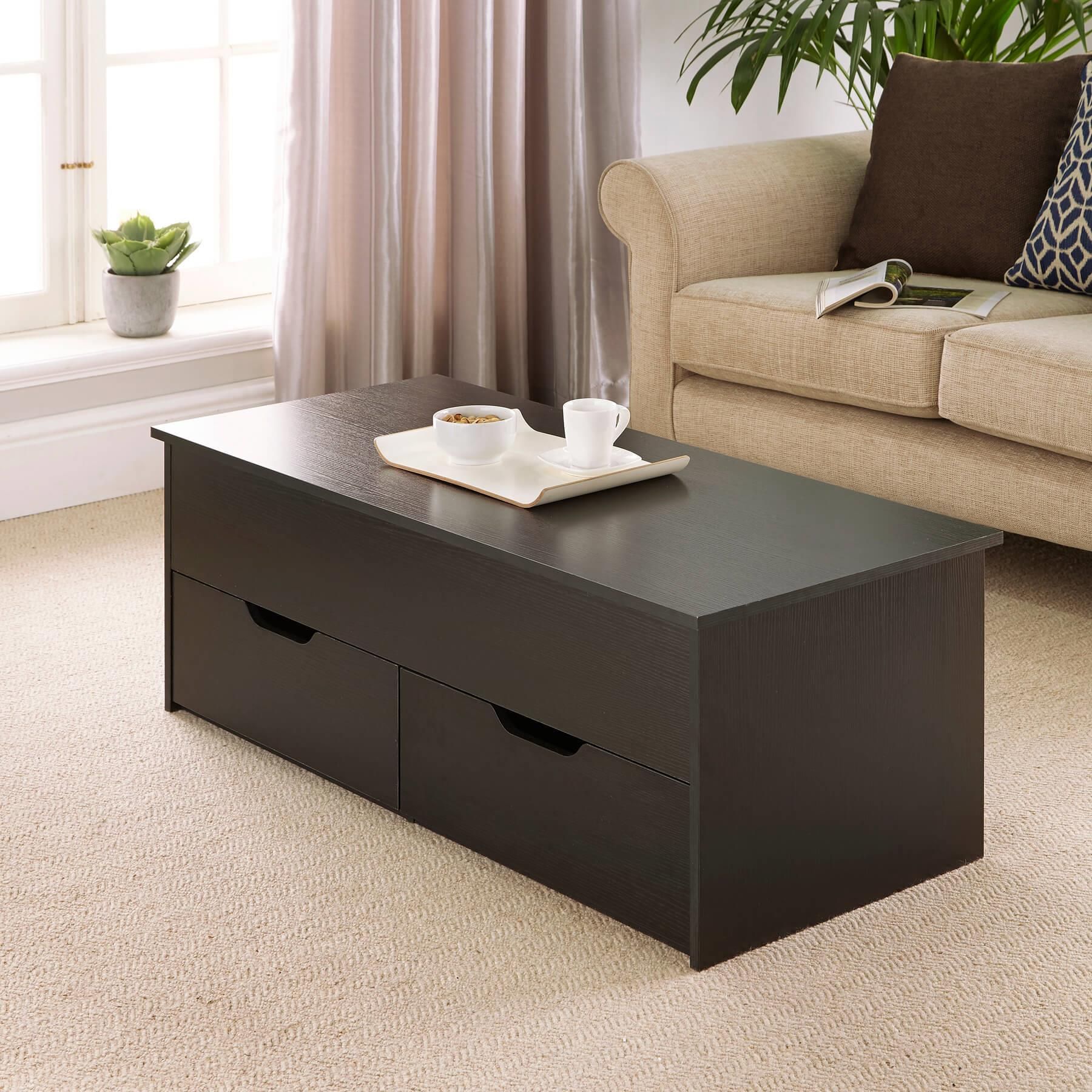 Black Wooden Coffee Table With Lift Up Top And 2 Large Storage Drawers In Lift Top Coffee Tables With Storage Drawers (Photo 4 of 15)
