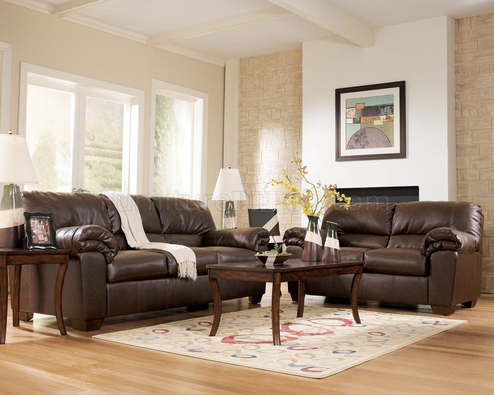 Brown Faux Leather Contemporary Living Roomashley 64501 Intended For Faux Leather Sofas In Dark Brown (Photo 10 of 15)